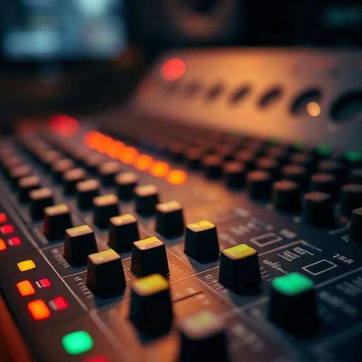 Close-up of a mixing console with illuminated faders