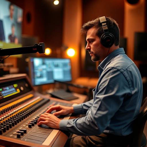 Engineer working at a mixing console during a recording session