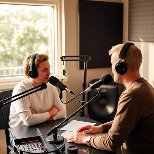 Two people recording a podcast in a studio